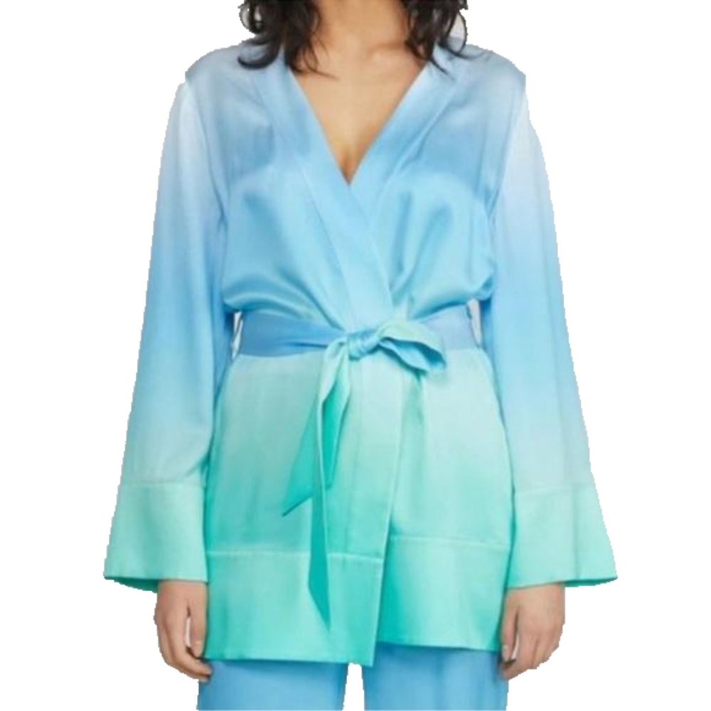 BADGLEY MISCHKA 100% Silk blue green ombré wrap robe kimono women size small NWT